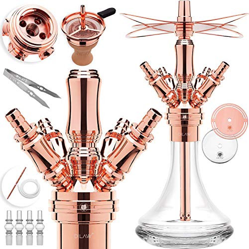 DILAW® Smart Shisha Set Complet en Acier Inoxydable V2A 38 cm Hookah | Mini to go + Verre à charbons | 4 Ports adaptateurs | sifflet à Eau | Base Closed Chamber | Foyer en Silicone Tuyau à Tabac