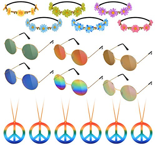 Hotgod 18 Stück Hippie Kostüm Zubehör Set für 60er/70er Jahre Hippie Party Kleidung Zubehör, (Friedenszeichen Halsketten, Gänseblümchen Haarbänder und runde Retro-Sonnenbrille)