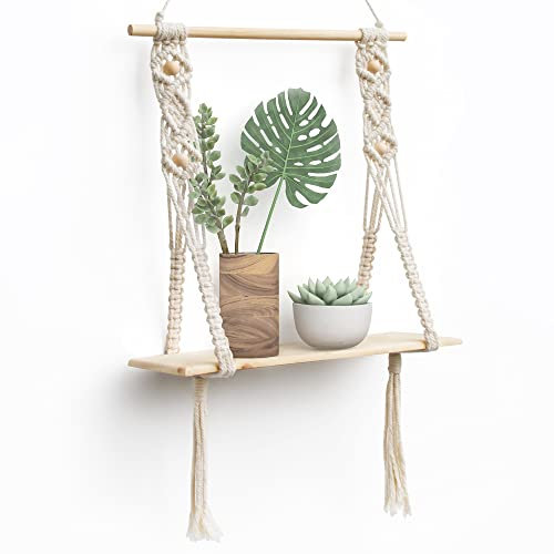 Afuly Mensole da Muro Legno Grezzo Boho Macrame Design Bagno/Cameretta/Balcone Naturale Mensole Sospese con Corda Decorazioni Parete