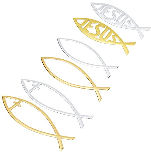 SUPERFINDINGS 6 Pz 6 Stili Adesivo Auto Pesce Gesù Pesce 3D Adesivo Emblema Auto Croce Pesce in Plastica Emblema Auto per Auto Barca Camion Pareti Finestre