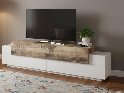 Dmora - Meuble TV Teo, Buffet bas de salon, Base pour meuble TV, 100% Made in Italy, 200x45h52 cm, Blanc brillant et érable