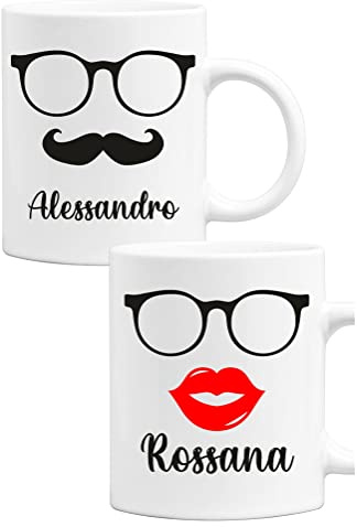 Colorfamily Coppia Tazze Mug Sanvalentino Personalizzabile Baffi Rossetto Personalizza con nome Amore Innamorati Fidanzati Regalo Lui e Lei