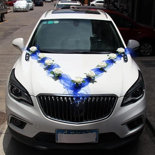 Yulakes Auto Schmuck Organza Braut Paar Rose Deko Dekoration Autodeko Blumenschmuck Hochzeit Car Wedding Girlande Hochzeitsschmuck Hochzeitsauto (Blau)