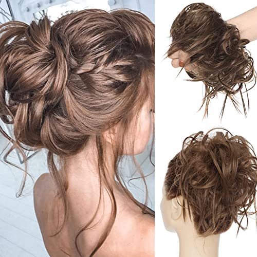 SEGO Haarteil Haargummi Messy Bun Extensions Dutt Scrunchie Hochsteckfrisuren Haarverlängerung Gelockt lockig Unordentlich 45g Aschbraun
