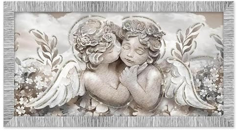 Lupia - Quadro Moderno con Cornice GIOVY Bianca Argento, Angels in Flowers, Stampa su Pannello in Legno con Glitter, Adatto per Soggiorno, Camera da Letto, Cucina, Ufficio, 60x110 cm, Tema Angeli