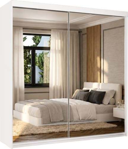 Berlin Sliding Mirror Door Wardrobe, Free Standing Bedroom Wardrobe with Full Length Double Mirror Doors Hanging Rail Shelves & Drawers MDF Matt Finish White & Black 150cm & 200cm (150cm, White)