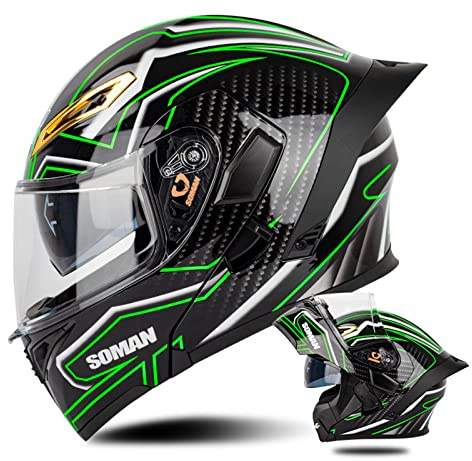 Casque Modulable Moto avec Double Visière, Casque de Moto ECE Homologué Casque Moto Modulaire Adulte avec Pare-Soleil Noir/Transparent/REVO, Homme et Femme Casque Moto - Noir Brillant Vert D,M