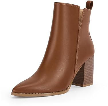 Rilista Womens V Cutout Ankle Boots Pointed Toe Chunky Block Stacked Heel Booties Side Zipper Shoes