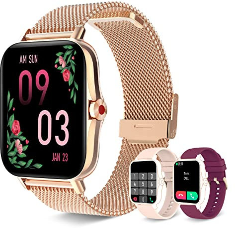 Iaret Smartwatch Damen, Smartwatch mit Telefonfunktion 1.7 HD Display Wasserdicht Armbanduhr mit Herzfrequenz Schlafmonitor Menstruationszyklus SpO2 Schrittzähler