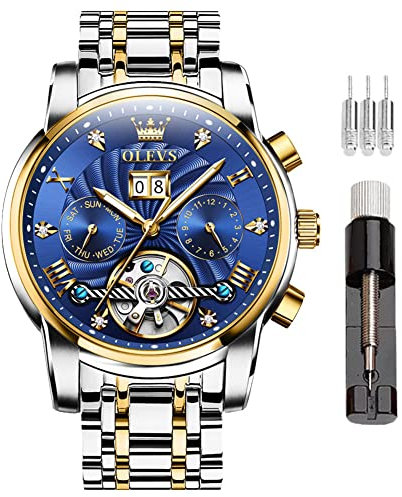 OLEVS Herren-Armbanduhr, automatisch, selbstaufziehend, Skelett-Uhren für Herren, Tourbillon, keine Batterie, luxuriöse Edelstahl-Uhr mit Datum, mechanische Herrenuhren, wasserdicht, modisch für