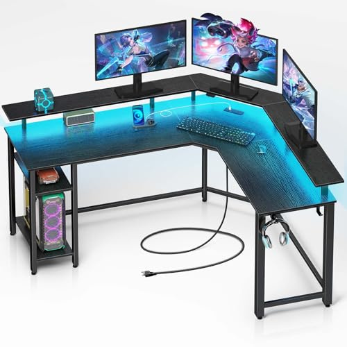 Rolanstar Computertisch L Form mit RGB & Steckdosen, Reversibler Eckschreibtisch Gaming Tisch mit Ablagefläche & 2 Haken, Computertisch für Büro Arbeitszimmer Schlafzimmer (Schwarz,117cm)