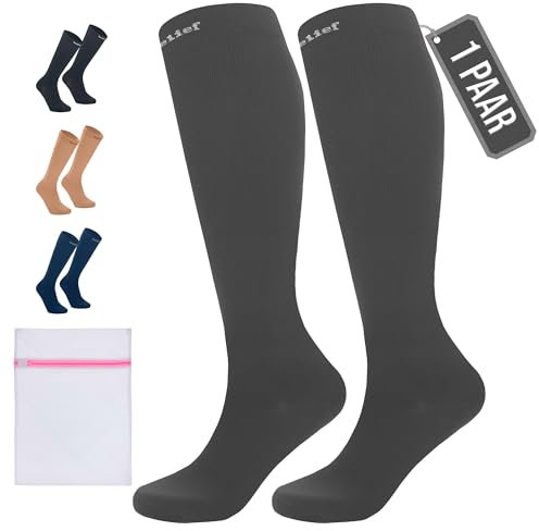 360 Relief Kompressionsstrümpfe Damen und Herren - 1 Paar Kompressionssocken Einfarbig für Sport, Laufen, Flug, Reise, Joggen, Radsport, kniestrümpfe, XXL Grau mit Wäschenetz