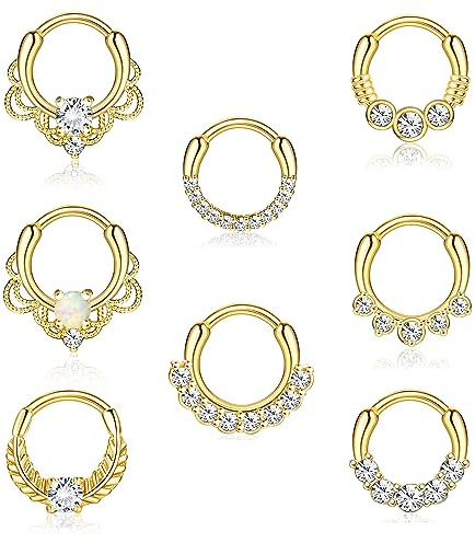 Morfetto 8PCS 16G Septum Clicker Ring Stainless Steel CZ Opal Cartilage Helix Tragus Hoop Daith Earrings Nose Rings Hoop Hinged Segment Clicker Ring Piercing Jewelry Gold 10mm