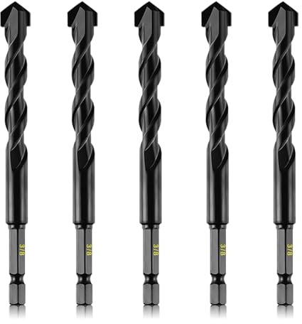 5-Piece 3/8” Masonry Drill Bits for Concrete Tiles Stone, 3/8 Inch Carbide Drill Bit Set for Glass Ceramic Brick Soft Metal Plastic and Wood, Hex Shank Drill Bit Set Diameter 10mm, Black