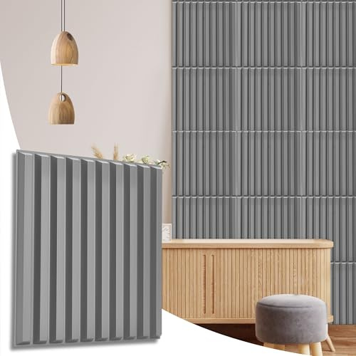 NOVECRAFTO Fluted Line Effect 3D Wall Panels - Pack of 12 Sheets 32.29 sq ft (3 sqm) - Decorative Cladding Panel Size 19.6x19.6 (50x50cm) - PVC Wall Panelling Fluted Line Design in Matte Grey