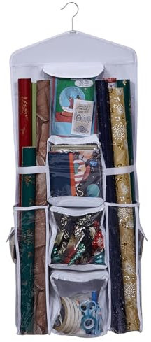 SMELEYOU Geschenkpapier Aufbewahrung Weihnachtsgeschenkpapier Organizer 41 * 102 cm Weihnacht Veranstalter mit klaren Taschen hängende Aufbewahrung Geschenkpapierrollen