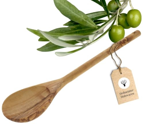 HOFMEISTER® Olivenholz Kochlöffel rund 30 cm – Holzlöffel mit rundem Griff zum Rühren, Servieren und Schöpfen – schont beschichtete Töpfe, jedes Stück ein Unikat, Handarbeit (1 Stück)
