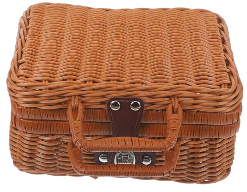 FONDOTIN Caja De Almacenamiento Imitación Rattan Retro Maleta Tejida Mano Organizador para Picnic y Decoración