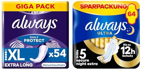 Kombipaket Slipeinlagen & Binden: Daily Extra Protect Slipeinlagen Long Plus (54 Stück) + Always Ultra Binden Gr. 5 mit Flügeln, Secure Night Extra, 64 Damenbinden (4 x 16 Stück)