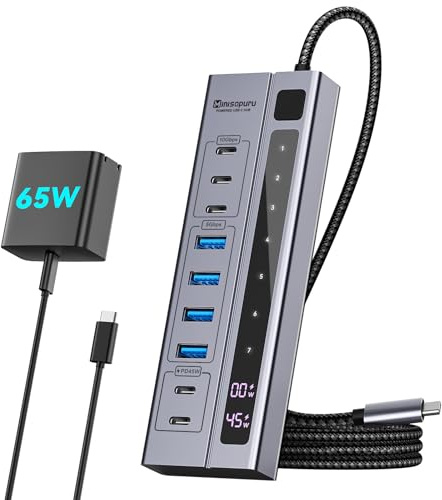 Minisopuru Hub USB C alimenté – Prend en charge la charge maximale de 45 W avec adaptateur d'alimentation USB-C 65 W, 10 Gbit/s, hub USB C de charge pour Meta Quest Pro, Steam, iPad Pro, iPhone