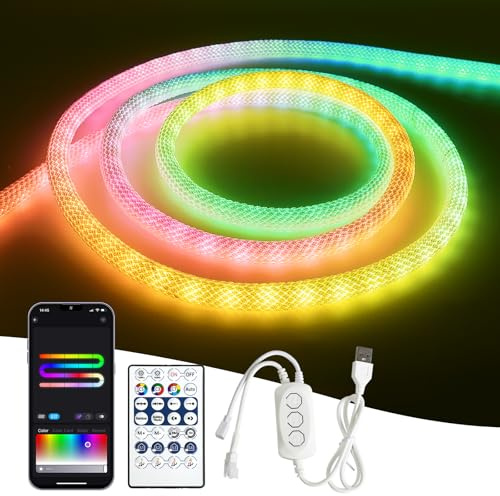 Brillistep Bluetooth RGBIC Neon Led Strip Light USB 5V 5m Waterproof IP65, Dynamic Braided Neon Rope Light Strip 500LED/Meter with APP/Remote Control for Indoor Outdoor Decoration