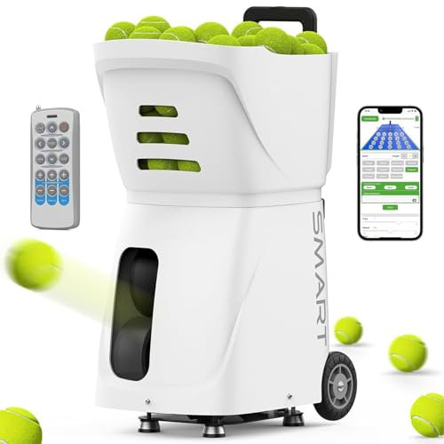 YLANMEI App-gesteuerter Tennis-Launcher, Batteriebetrieb, vielseitige Geschwindigkeitseinstellungen, hohe Kapazität für umfassende Verbesserung der Fähigkeiten,White