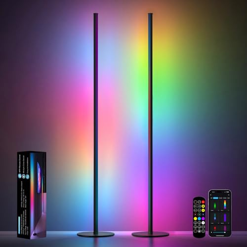 Corner Floor Lamp 2 Pack, 55 Minimalist Standing Lamp with Remote Control, Music Sync 16 Million Colors, Warm White Ambient Lighting, Color Changing LED Corner Lamp for Living Room Bedroom Gaming