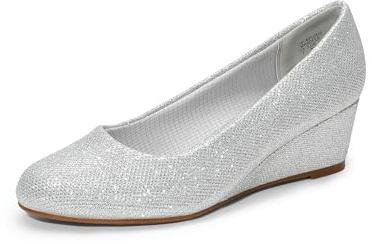 DREAM PAIRS Zapatos de tacón bajo para mujer, con punta redonda cerrada, cómodos, sin cordones, para el trabajo, boda, plateado, 38 EU