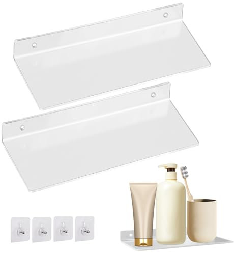 Mensole Bagno Senza Foratura Lunghezza 20*10cm Scaffale Acrilico Espansione Spazio Parete Scaffale Galleggiante Acrilico Per Bagno/Soggiorno/Camera Da Letto/Cucina/Ufficio (2 Pezzi Colore Trasparente)