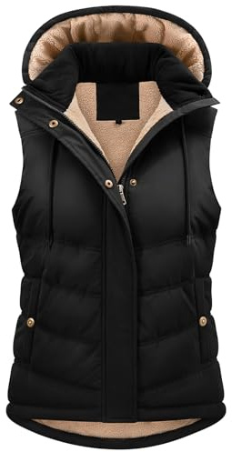 Tuopuda Chaleco Mujer Polar Chaleco Acolchado Invierno Termico Chaquetas sin Mangas con Capucha Desmontable Chalecos Exteriores con Bolsillos Outwear con Cremallera, Negro, M