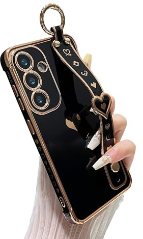 DEFBSC for Samsung Galaxy S25/S24 Case with Wrist Strap,Black | Cute Side Love Heart Plating Edge with Wristband Finger Holder Stand Soft TPU Back Shockproof Phone Cover,Reinforced Corners