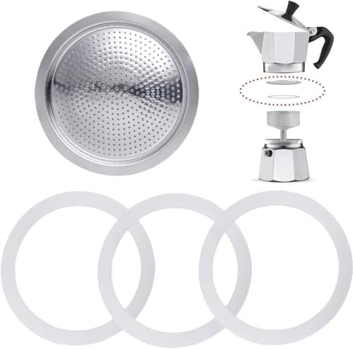 Joint d'étanchéité 3 tasses pour Bialetti, Moka Express, Alriedy - 3 joints d'étanchéité en silicone + 1 filtre en aluminium - Compatible avec cafetières 3 et 4 tasses - Diamètre : 6,5/5,4 cm