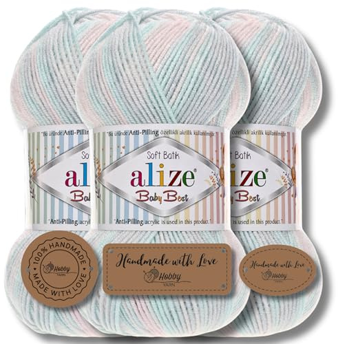 Hobby YARN 3x Etikettenlabel mit Alize Baby Best Batik 3x 100g als Set, Antipilling Babywolle Acryl Uni & Batik Strickgarn zum Häkeln und Stricken Farbverlauf (6623)