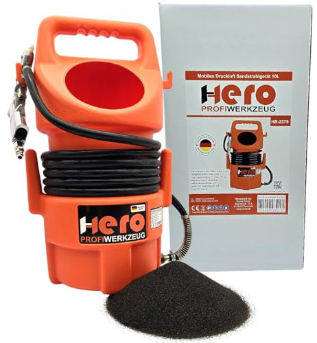 HERO Sandstrahlgerät mit Strahlmittel Druckluft Sandstrahler Mobile Sandstrahlanlage 10 Liter Behälter mit Sandstrahlpistole Strahlpistole zum Entfernen von Rost, Flecken und Farbe Strahlgerät