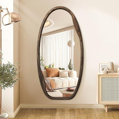 JJUUYOU Oregelbunden spegel för vägg asymmetrisk väggspegel 102 x 50 cm stor trä inramad hängande spegel för vardagsrum badrum entré sovrum horisontell eller vertikal mörkbrun