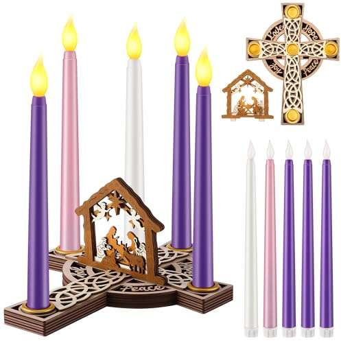 ElectricWise Christmas Advent Wreath Candle Holder with 5 Pcs Flameless Advent Candle, Wood Cross Shaped Nativity Scene Candlestick with Celtic Knot for Christmas Home Church Table Centerpiece Decor