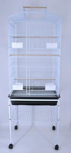 Pet's Solution - Gabbia Uccelli Spaziosa Bianca con Tetto Apribile, Posatoi e Trespolo in Legno, 4 Mangiatoie, Vassoio Estraibile e Carrello con Ruote