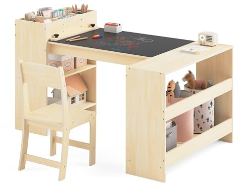 Puecrof Kinder-Kunsttisch und Stuhl Set, Holztisch mit Stauraum und Maltafel, Aktivitätstisch für Malen, Lesen, Basteln und Lernen, Kinderschreibtisch mit Stuhl für Spielzimmer