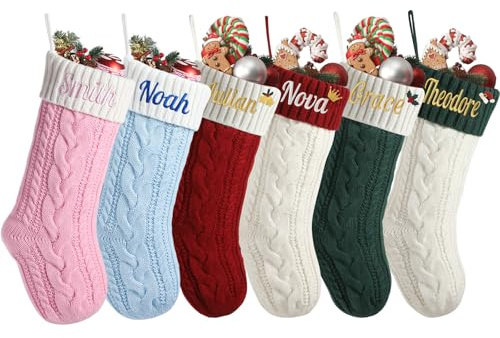 Infiher Personalised Christmas Stockings with Embroidered Name,Custom Pink Blue Knitted Christmas Stocking for Baby Kids Girl Family,1 Pack 18” Large Xmas Stockings for Fireplace or Holiday Decor