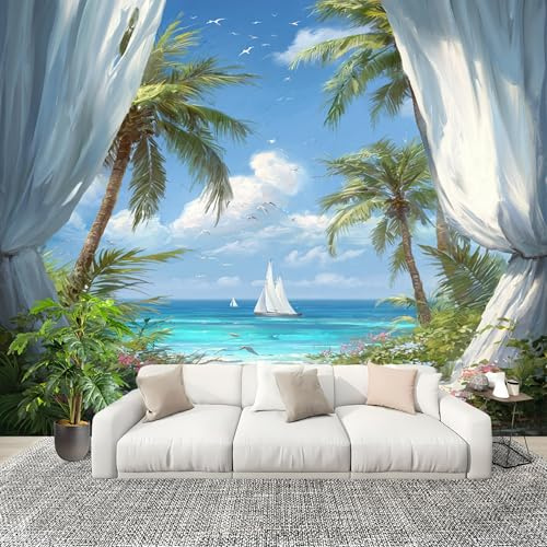 Mural Papel Pintado 3D 300x210 cm Balneario Tropical Fotomurales Tejido No Tejido Antiarrugas Póster Azul Murales Fotográfico Moderno Decoración de Paredes