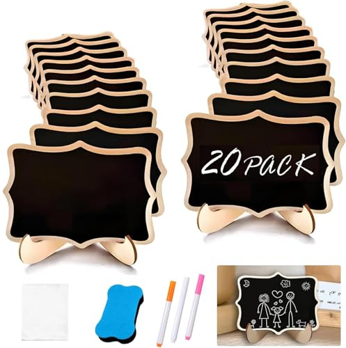 Mini Chalkboard Signs, 20 PCS Mini Blackboard, Small Wooden Blackboards with 3 Chalk Pen Cleaning Rag, Mini Chalkboard with Stand Eraser for Wedding & Birthday Parties Food Label(9.9x7.5cm)