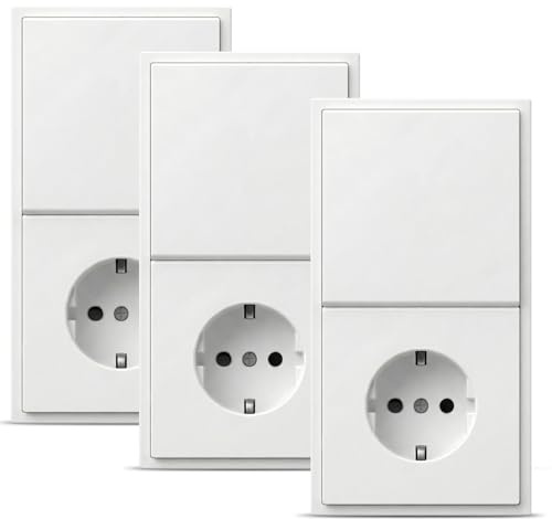 BSEED Interruptor con Enchufe Pared,1 Gang 1 Vía+Enchufe Blanco 150 * 80mm 3-Pack,Interruptor de Luz Empotrado 16A,Panel de Plástico,con Ganchos de Sujeción Fijos,Diseño sin Tornillos