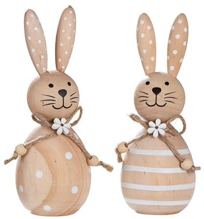 CULT at home Osterdeko modern 2 x Dekofigur Ostern Deko Hasenpaar aus Holz – Osterhasen Figur mit Schleife - Farbe: Beige Weiß – Höhe 15 cm Ø 5 cm