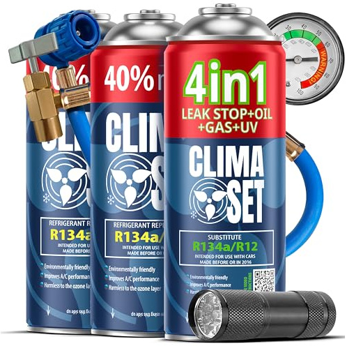 CLIMASET - 4-I-1 Luftkonditioneringspåfyllningsgas R134a, Olja, Läckagetätningsmedel Med UV-Färg + 2x R134a + Slang + UV-Ficklampa - AC-Gaspåfyllnings- och Läckagedetekteringssats