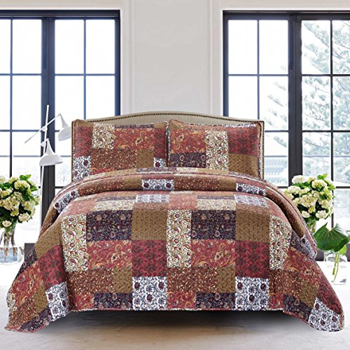 SLPR Red Riches 3-Piece Quilt Set - King Size with 2 Shams, Autumn Patchwork Design, Red Toned Lightweight Quilted Bedspread, Fall-Inspired Country Bedding