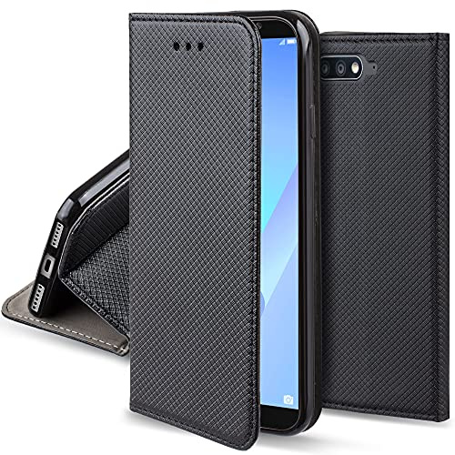 Moozy Hülle Flip Case für Huawei Y6 2018, Schwarz - Dünne Magnetische Klapphülle Handyhülle mit Kartenfach und Standfunktion