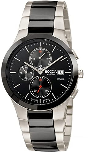 Boccia Herren Armbanduhr mit Gehäuse aus Titan, in der Farbe: Silber, Schwarz-silberfarbenem Keramikarmband, Gehäusedurchmesser: 39 mm, 3748-01