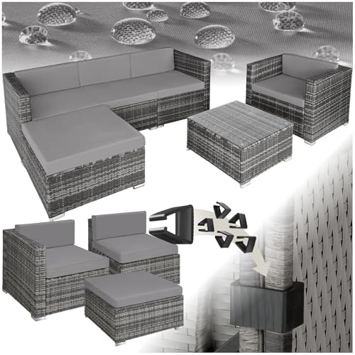 tectake® Loungeset i Konstrotting, Utemöbler med Aluminiumram, Avtagbara Dynor 7 cm, Utesoffa, Utestol och Utebord med Glasskiva, Rottingmöbler för Uterum, Högkvalitativ - Grå