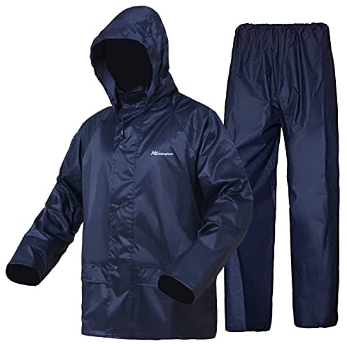 Conjunto de chaqueta y pantalón impermeable para hombres y mujeres, chubasquero ligero, resistente al viento, con capucha, ropa de lluvia, azul marino, M
