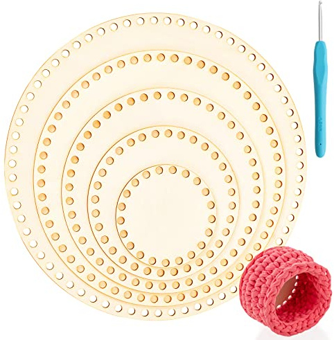 5 Größen Naturholzkorbboden Natural Wood Basket Base Peddigrohr Boden Circle Blank Crochet Basket Wood Base mit 1PCS Crochet Hook, Round Basket Base mit Loch für DIY Korb Weben Crochet Supplies